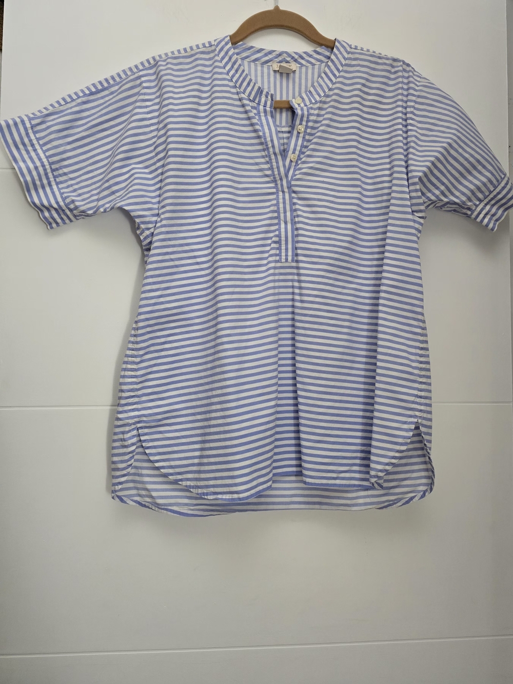 J. Crew Women's Striped Henley Blouse S Small Blue White Cotton Short Sleeve Top